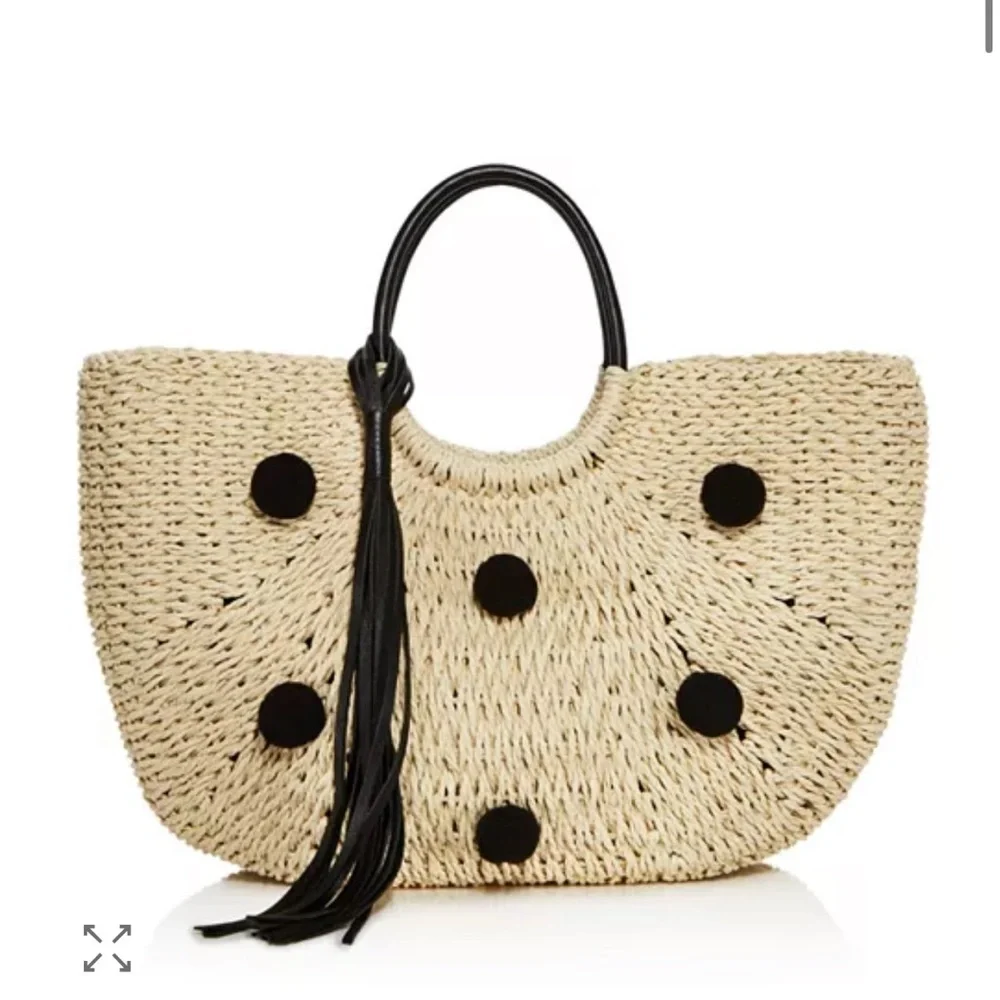 Rebecca Mincoff Stylish Black and Tan Straw Pom Pom Women's Handbag